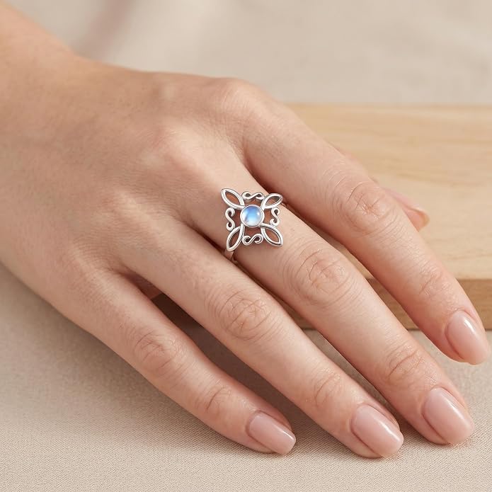 Witches Knot Rings 925 Sterling Silver Witch's Magical Knot Rings Black Onyx/Moonstone Pagan Jewelry Celtic Cross Jewelry for Women