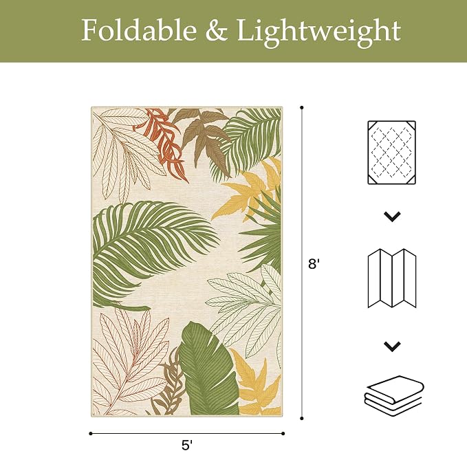 GENIMO 5x8 Outdoor Rug, Washable for Patio and Deck, Beige Green | Botanical leaf design for porch; fade resistant chenille with quick-dry non-slip backing for indoor sunroom.