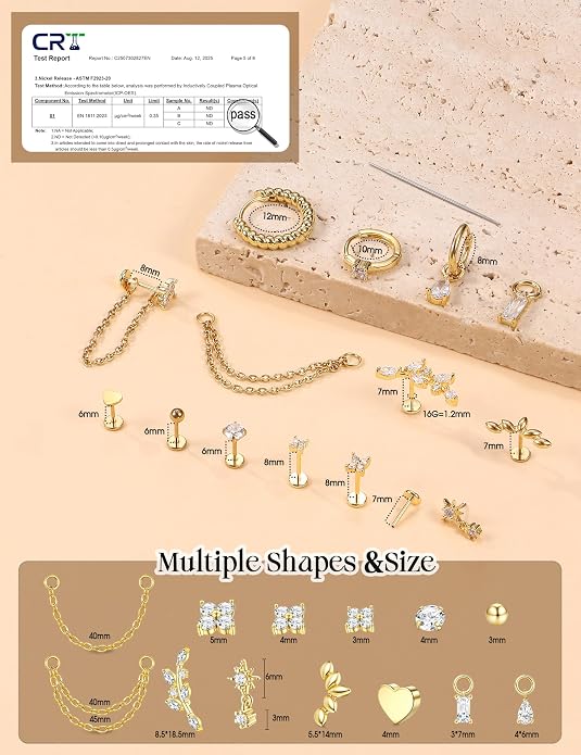 ORAZIO 16G/18G/20G Threadless Flat Back Earrings 316L Surgical Steel Cartilage Earring Stacks Flatback Push in Nose Rings Studs Hypoallergenic Tragus Helix Conch Labret Medusa Piercing Jewelry