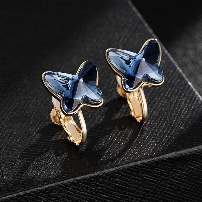 EVEVIC Austrian Crystal Butterfly Clip On Earrings for Women Adjustable Screw Back Non Pierced Earring 14K Gold Plated Hypoallergenic Jewelry