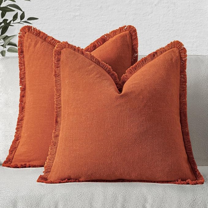 MIULEE Decorative Throw Pillow Covers Neutral Linen Fringe Throw Pillows Set of 2 Burnt Orange Boho Farmhouse Cushion Covers with Tassels for Couch Sofa Bed Living Room Fall Home Decor 22x22 Inch