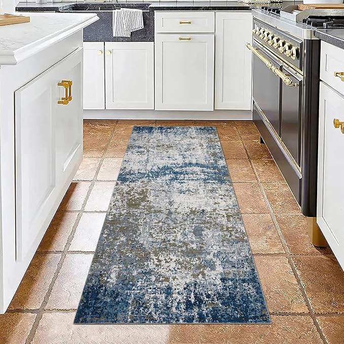 ROYHOME Modern Abstract 2x7 Runner Rug Washable Non Slip Stain Resistant Rug for Hallway Kitchen Bedroom Non Shedding Low Pile Indoor Floor Cover,Navy