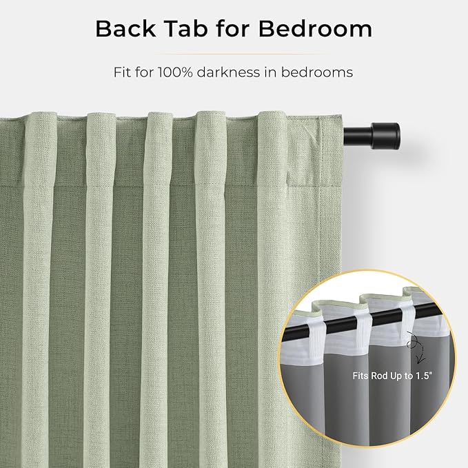 INOVADAY 100% Blackout Curtains for Bedroom, Sage Black Out Curtains 90 Inch Long, Clip Rings Linen Blackout Drapes, Thermal Insulated Room Darkening for Living Room, 2 Panels - W50xL90