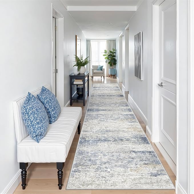 2x12 Runner Rug Non Slip,Washable Hallway Runner Rug,Blue | Long Neutral Rugs for Kitchen,Entryway,Bedroom,Bathroom,Laundry Room,Thin,Soft Runner Rug,Stain Resistant Indoor Carpet