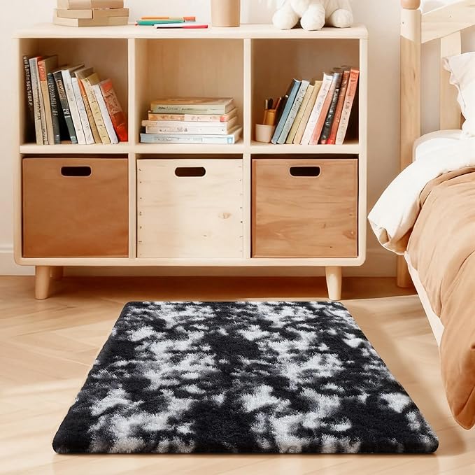 Black and White Rugs for Bedroom, 3x5 Fluffy Area Rugs for Living Room, Small Fuzzy Shag Soft Non-Slip Carpet for Kids Girls and Boys Nursery Dorm Indoor Room Home Decor (3ft X 5ft)