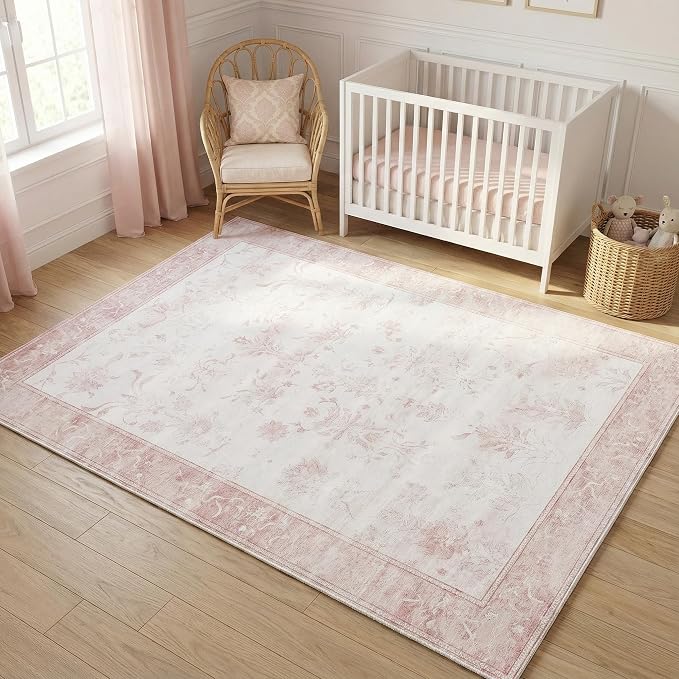 3'x5' Vintage Floral Nursery Rug - Ultra Soft Washable Area Rug for Baby Girl Room, 0.26" Low Pile Faux Wool Carpet for Bedroom Bedside - Non-Slip Silicone Backing, Pink & White