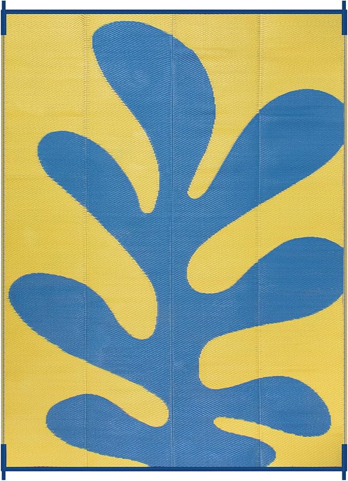Lahome Sea Coral 9x12 Picnic Beach Rug, Reversible Outdoor Pool Rv Camping Rug, Waterproof Plastic Straw Blue and Yellow Mats for Outside Camping Patio Deck, Blue 9'x12'