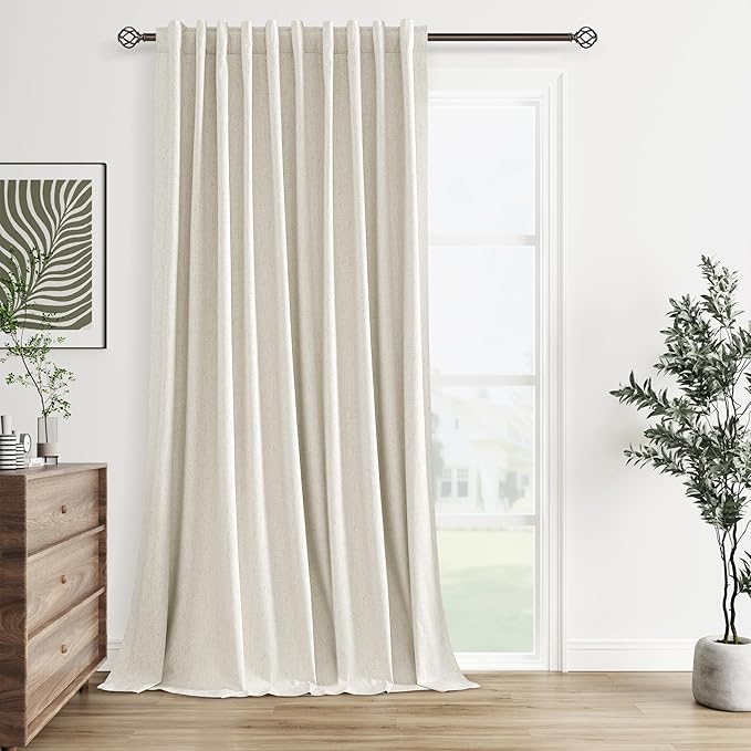 Guken Extra Wide 100% Blackout Linen Curtains for Bedroom 108 Inch Long 9 FT Natural Cream Black Out Curtain Back Tab Room Darkening Window Drapes for Living Room 1 Panels Beige Ivory 60x108