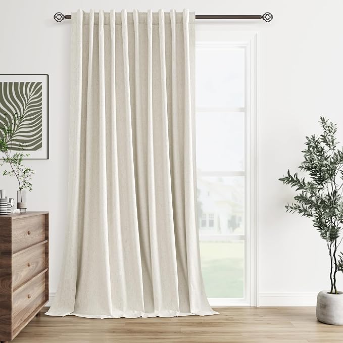 Guken Extra Wide 100% Blackout Linen Curtains for Bedroom 102 Inch Long Natural Cream Black Out Curtain Back Tab Room Darkening Window Drapes for Living Room 1 Panel Beige Ivory 60x102