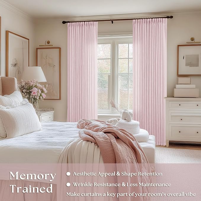 Light Pink Linen Pinch Pleat Curtains 96 Inch Length 2 Panels Set 40x96 | for Nursery Girls Bedroom Living Room, Pinch Pleat Memory Shape Trained, Light Filtering Privacy Semi Sheer, Baby Pink Blush