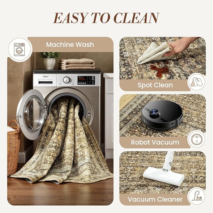 9x12 Washable Area Rugs for Living Room Bedroom, Non-Slip Large Rugs | Vintage Distressed Retro; Low Pile; Stain Resistant; Neutral Boho Carpet for Dining Room, Nursery, Home Office; Caramel Brown