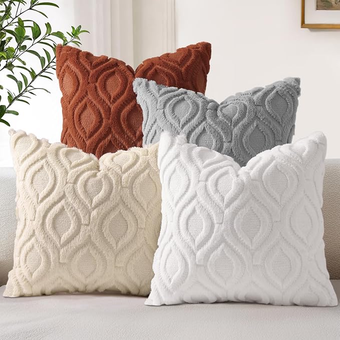decorUhome White Rust Faux Fur Soft Throw Pillow Covers 20x20 Set of 4 | Fall Neutral Decorative Plush Couch Pillow Covers, Accent Modern Farmhouse Neutral Pillow Cases for Sofa Bed Living Room