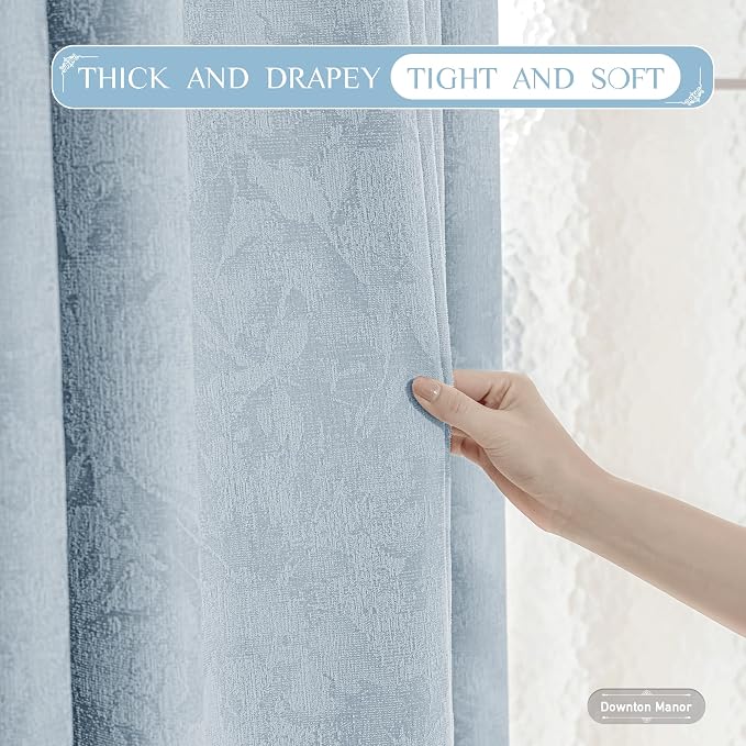 Beauoop Blue Floral Jacquard Blackout Curtains for Bedroom 52x72 2 Panels | Flower Chenille Room Darkening Drapes for Living Room 72 Inch Long Thermal Insulated Soundproof Window treatment Rod Pocket