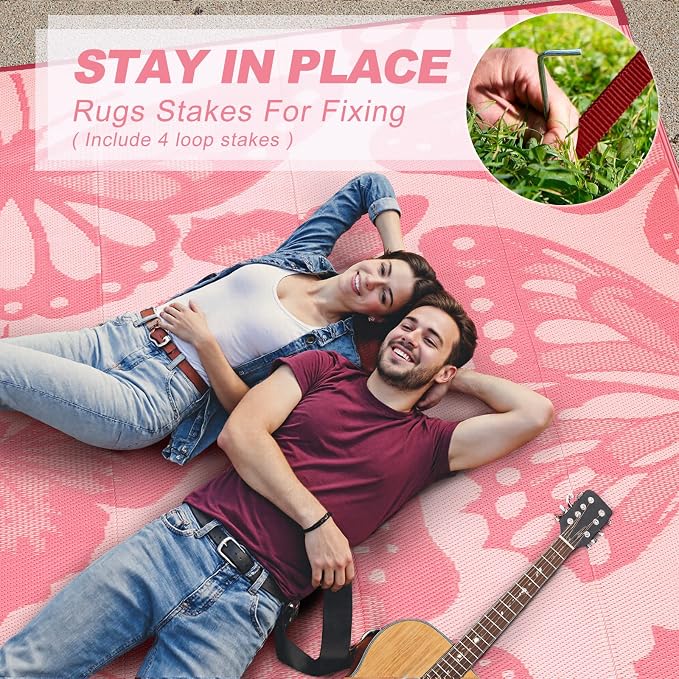 Anidaroel Pink Camping Rug for Outside RV, 8'x10' Waterproof Outdoor Rug for Patio Clearance, Reversible Plastic Straw Outside Rug, Outdoor Camping Mat for Deck, Camper, Backyard, Picnic(Pink,8‘X10')