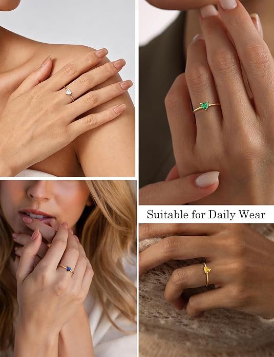 WFYOU Gold Heart Birthstone Rings for Women 14K Gold Plated Non Tarnish Stackable Pinky Cubic Zirconia Rings Emerald Dainty Gemstone Thumb Ring Band Cute Jewelry Birthday Gift Size 5-10