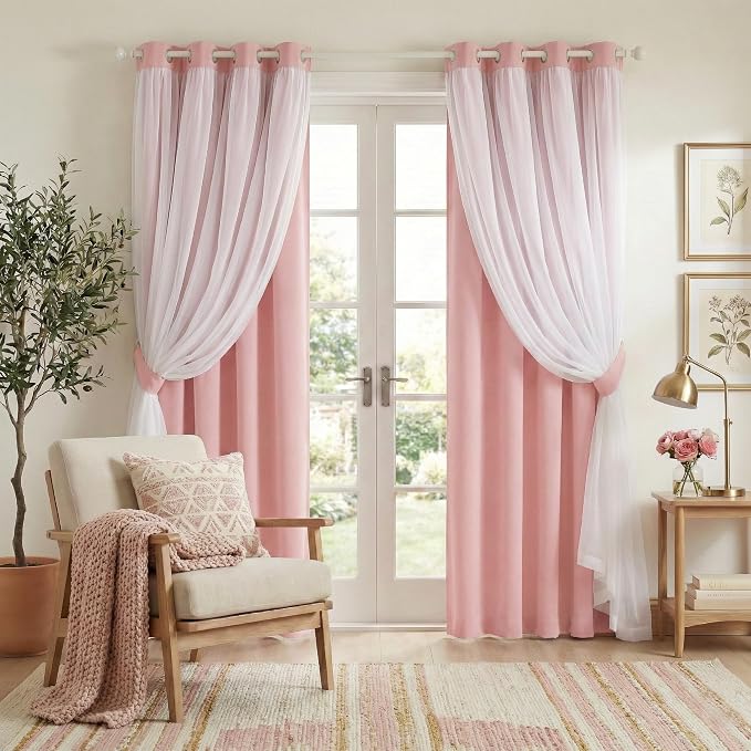 PONY DANCE Nursery Curtains Pink - Curtains for Bedroom Decor Aesthetic Cute Double Layer with Sheer Overlay Windows Covering, 52 x 84 inches, Rose Blush, 2 Panels