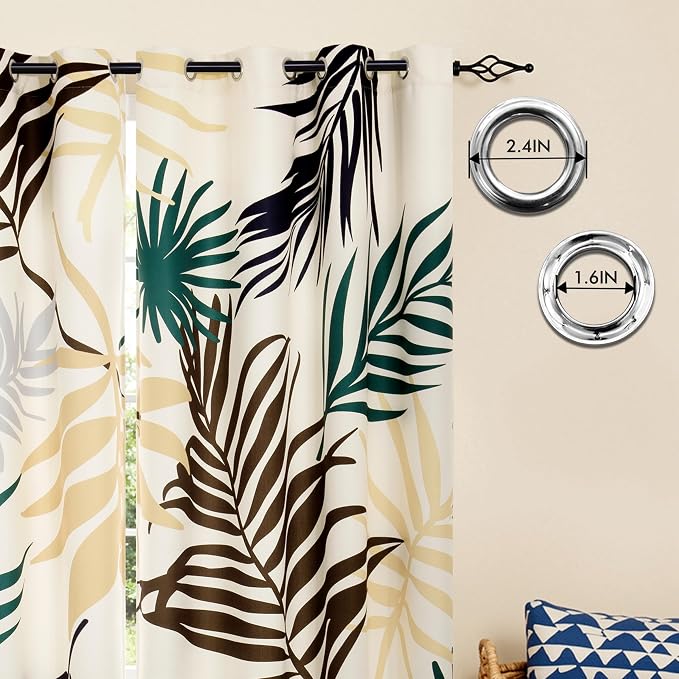 SUBRTEX Boho Leaf Printed Curtains 95 inch Long 2 Panels, Room Darkening Vibrant Floral Drapes, 50% Blackout Light Flitering, Semi Sheer Farmhouse Curtains for Living Room, 52Wx95L, Yellow Leaf