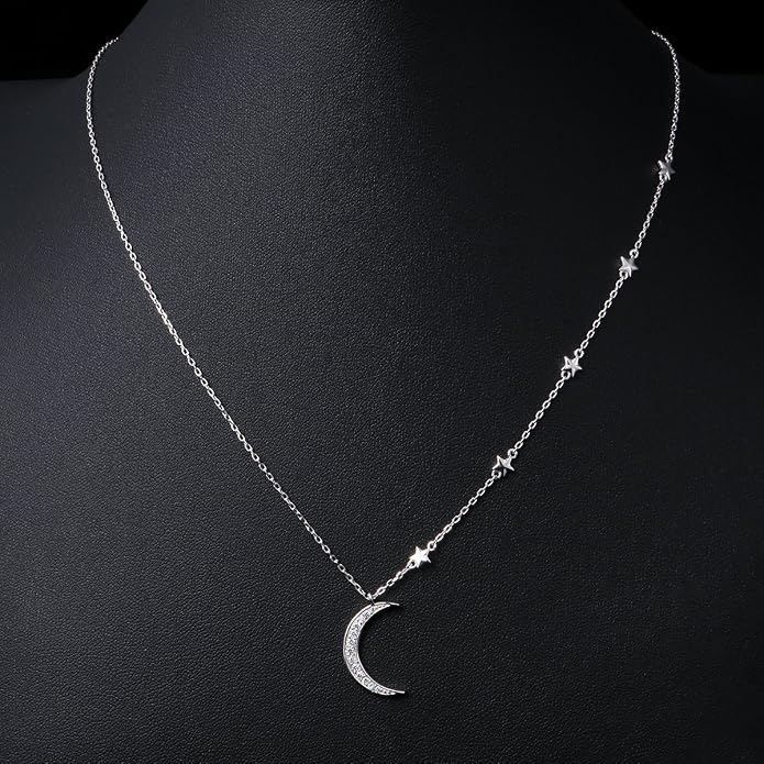 Ladytree 925 Sterling Silver Jewelry Crescent Moon and Star Pendant Necklace