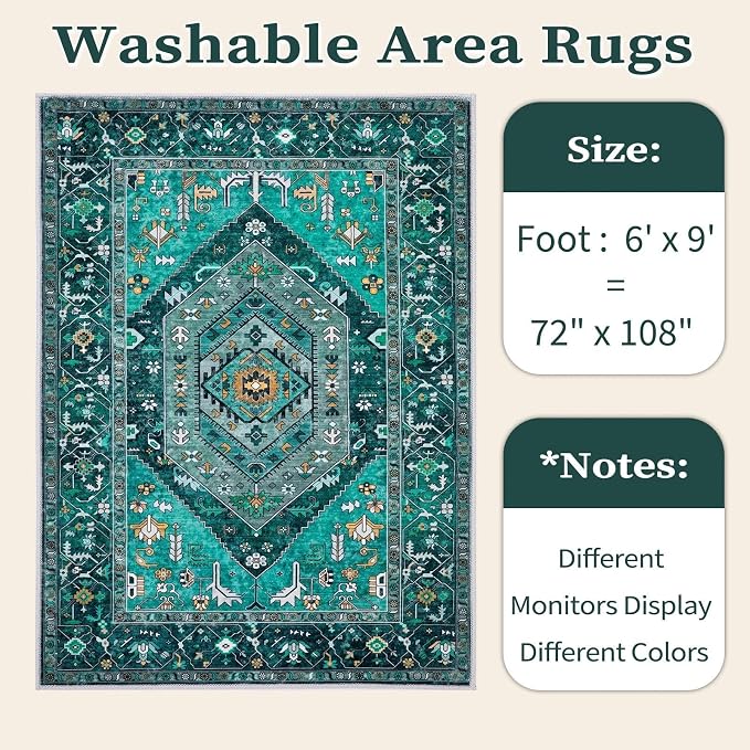 SERISSA Washable Rugs 6x9 Area Rugs, Large Non-Slip Boho Living Room Teal Rug, Ultra Soft Vintage Print Distressed Oriental Tribal Farmhouse Carpet for Dining Room Bedroom Dorm Office Home Decor