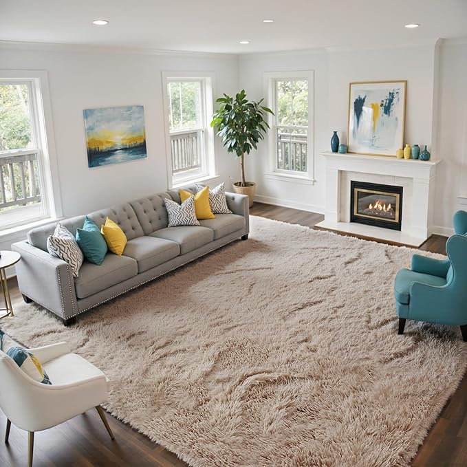 yongyangjuxin Fluffy Rug Shag Area Rug, Beige 10x14 Area Rugs for Bedroom, Super Soft Shag Rugs for Living Room Bedroom Room Home Decor, Upgrade Anti-Skid Rectangular Fuzzy Rug