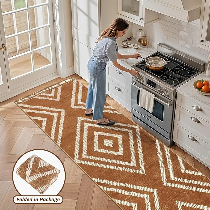 Boho Hallway Runner Rugs 3x10ft Non Slip, Long Brown Washable Kitchen Rug Runners Non Shedding, Geometric Floor Carpet for Bedroom Farmhouse Entryway Living Room Home Decor