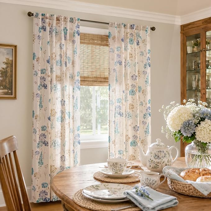 jinchan Floral Linen Curtains 84 Inch Vintage Cottagecore Back Tab 2 Panels | Light filtering drapes, semi sheer, farmhouse, botanical, watercolor, living room, bedroom, rod pocket, window treatment