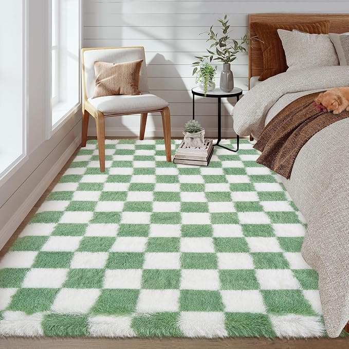 Garvee Checkered Rug 8x10 for Living Room, Modern Plush Shag Rug Washable Non-Slip Large Area Rug Super Soft Indoor Fuzzy Carpet Fluffy Rugs for Bedroom Home Aesthetic Decor,Green-White