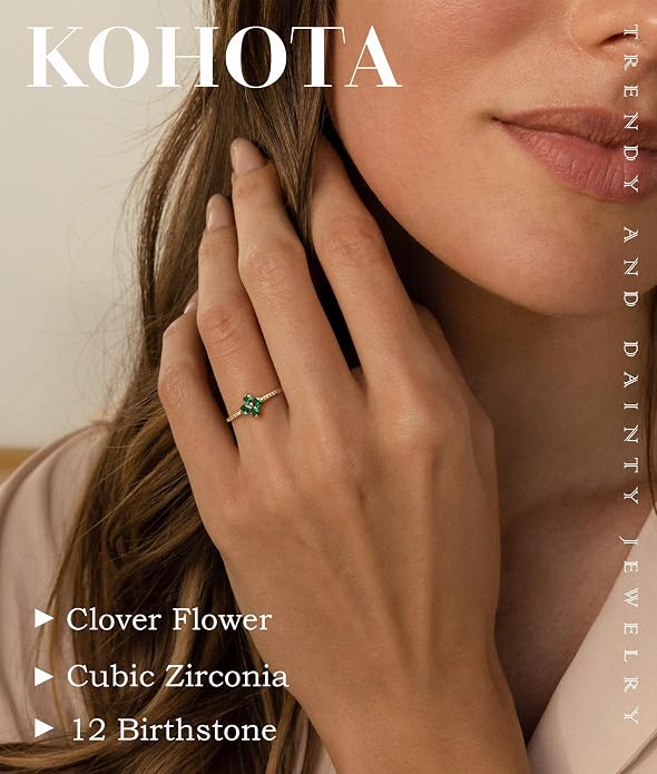 KOHOTA Birthstone Gold Rings for Women Non Tarnish 14K Gold Plated Stackable Rings Dainty Clover Flower CZ Gemstone Green Emerald Ring Engagement Wedding Band Jewelry Birthday Gifts Size 5-10