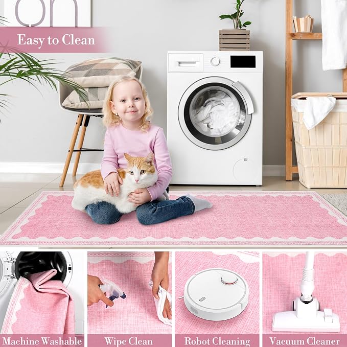 2.5x10 Scalloped Runners Pink Washable Hallways Bedroom Rug | Solid Non Slip Scalloped Bath Runner, Rugs for Bedroom Girls, Rugs for Kitchen Floor Soft Dorm Nursery Carpet for Bedside