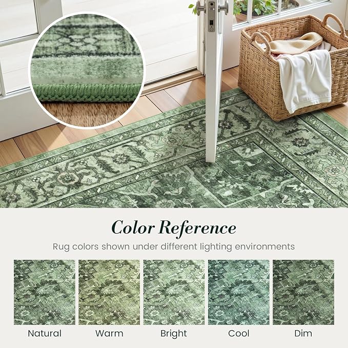 Sage Green Boho 6x9 Living Room Rugs - Floral Aesthetic Distressed Dining Room Rug for Under Table, Lightweight Washable Foldable Low Pile Moss Green Carpet, Eclectic Farmhouse Bedroom Décor