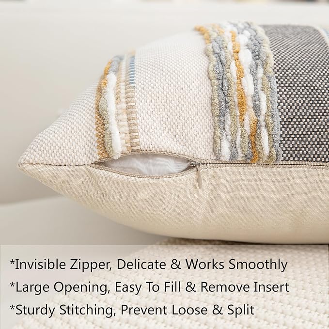 Boho Pillow Covers 18x18 Set of 2 for Couch-Modern Farmhouse Sofa Decorative Throw Pillow Covers Textured Chenille Cushion Covers Outdoor Netural Bohemian Pillow Cases Square