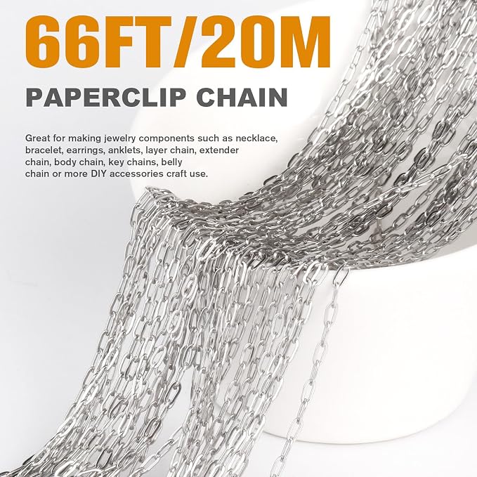 66FT Stainless Steel Paperclip Chain Roll 2MM 304 Stainless Steel Paperclip Link Chain Spool Bulk for Jewelry Making