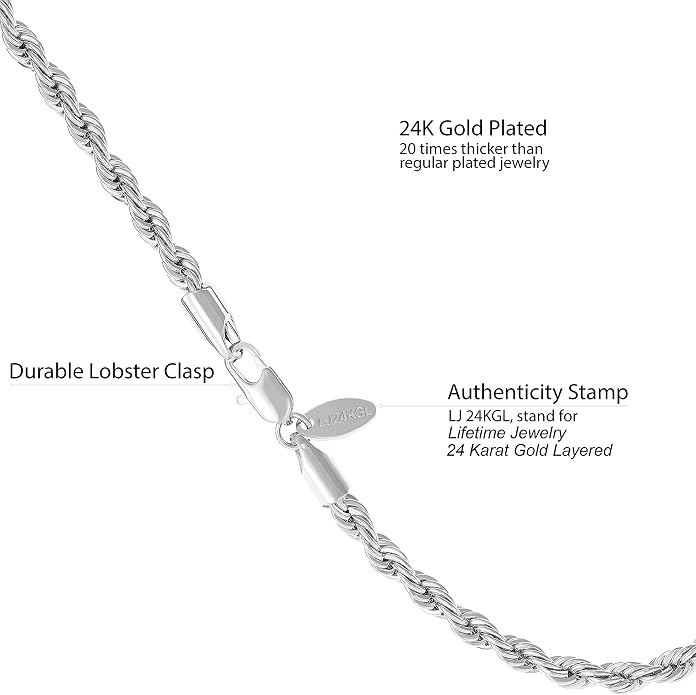 LIFETIME JEWELRY Womens Gold Anklet 5mm Rope Chain Ankle Bracelet 24k Real Gold Plated