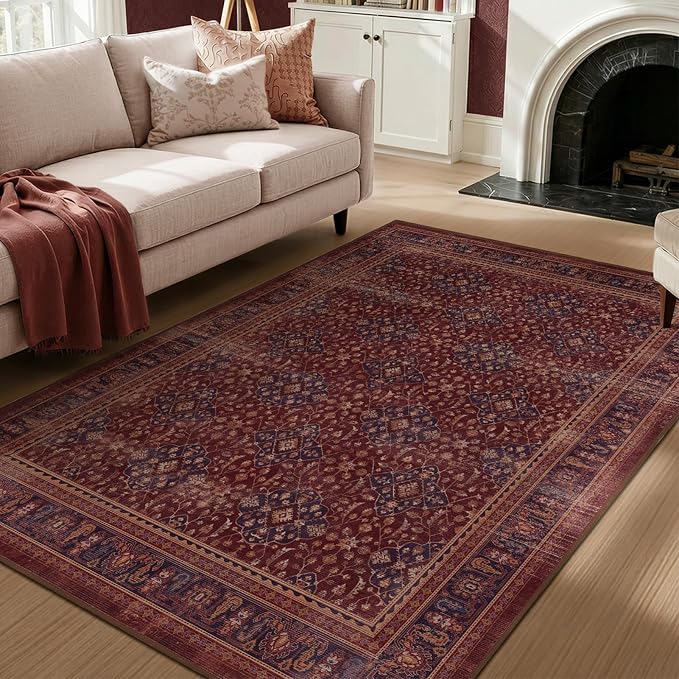 Amber Red 5x8 Area Rug Living Room, Vintage Distressed Boho Floral Trellis Purple Accents Dining Room Rugs for Under Table, Washable Non Slip Thin Carpet Rug for Den/Home Office/Kitchen/Foyer