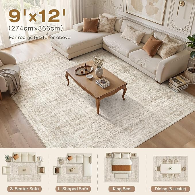 Nakagishi 9x12 Area Rugs Living Room: Washable Large Vintage Rug Neutral Non-Slip Soft Stain Resistant Indoor Carpet for Bedroom Nursery Dining Room Office Playroom - Beige Gray