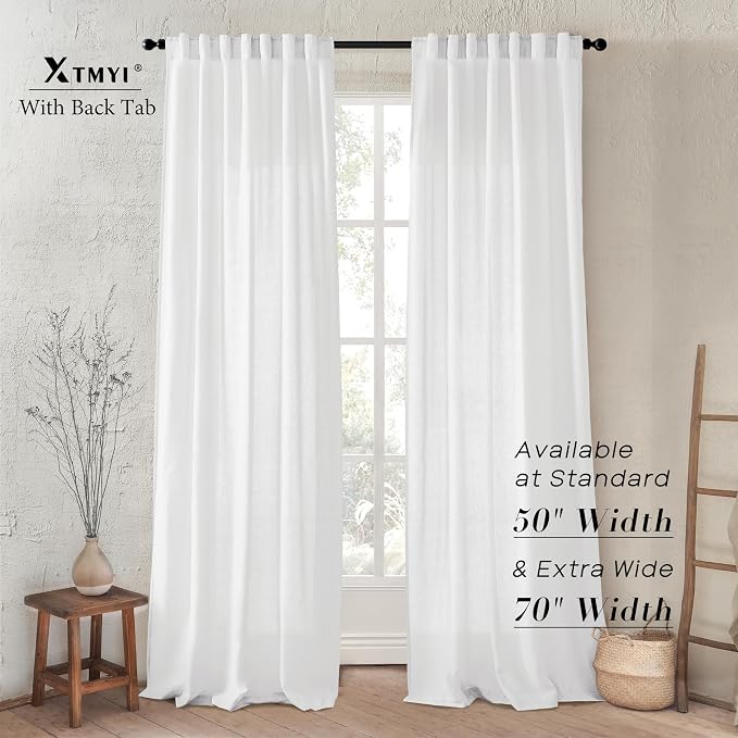 XTMYI 105 Inch White Cotton Linen Curtains 2 Panels Set Custom Length Back Tab Window Sheer Curtain Drapes for Living Room Bedroom,50x105 in Long