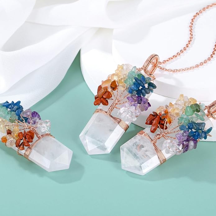 Natural 7 Chakra Stone Life Tree Pendant Necklace Reiki Healing Crystal Tumbled Stones Necklace Women Jewelry for Good Luck, Meditation, Protection, Energy Balancing, Gift