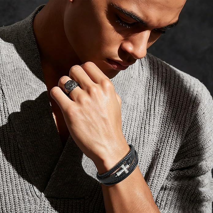 Men's Cross Leather Bracelet Vintage Christian Religious Faith Cuff Bangle Multi-Layer Braided Genuine Leather Wrap Wristband with Stainless Steel Clasp Jewelry for Women Him or Her