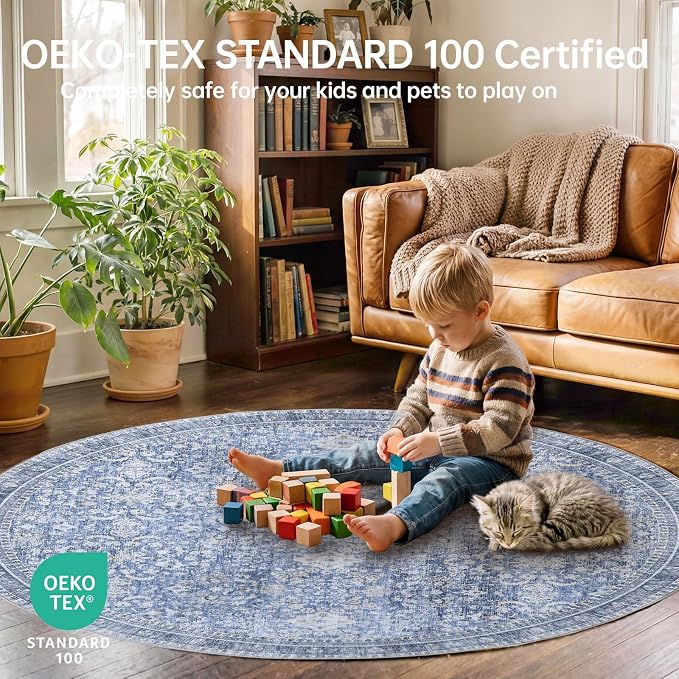 Sasttie Round Rug 4ft, Ultra-Soft Washable Circle Rug, Low Pile Foldable Thin Carpets with Non-Slip Backing, Skin-Friendly Stain Resistant Carpet for Living Room, Bedroom, Kitchen, Dorm, 4ft, Blue