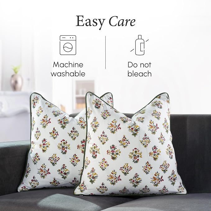 CPC 100% Cotton Throw Pillow Covers 20x20 Inch, Set of 2 Green Block Print Pattern Couch Pillow, Cute Boho Decorative Pillows for Living Room, Bedroom with Hidden Zipper- Fall Green