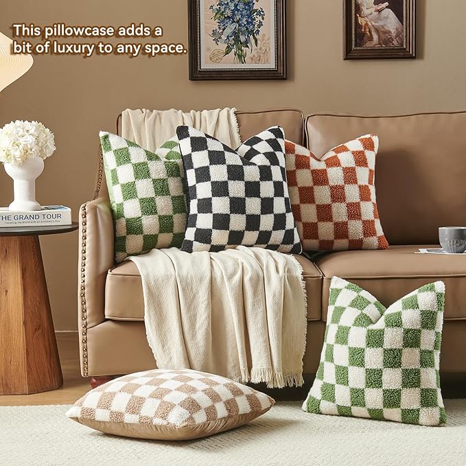 AmHoo Pack of 2 Decorative Throw Pillow Covers Checkerboard Luxury Super Soft Faux Fur Wool Set Case Cushion for Couch Sofa Bedroom 18 x 18-Inch Sage Green