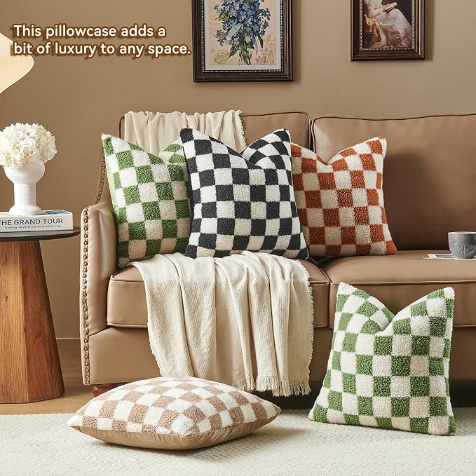 AmHoo Pack of 2 Decorative Throw Pillow Covers Checkerboard Luxury Super Soft Faux Fur Wool Set Case Cushion for Couch Sofa Bedroom 20 x 20-Inch Sage Green