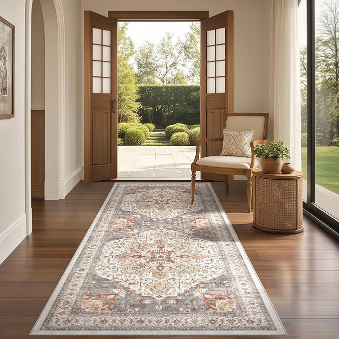 Tortania Area Rug 3x8 Runner Rugs - Washable Vintage Oriental Farmhouse Thin Indoor Carpet for Living Room Bedroom Hallway Entryway Kitchen Under Dining Table Home Office - Orange Multi