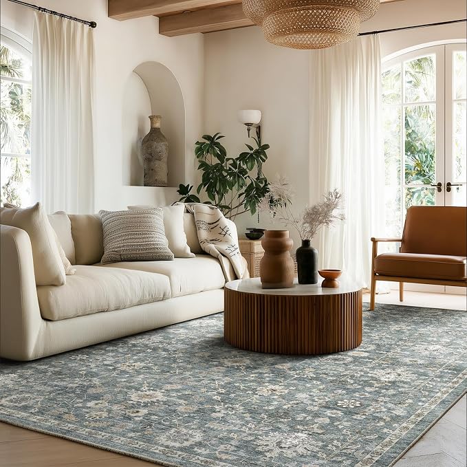 Washable Rugs for Living Room: 5x7 Area Rugs for Bedroom Ultra Soft Non-Slip Stain Resistant Vintage Boho Large Carpet for High-Traffic Dining Room - Farmhouse Decor