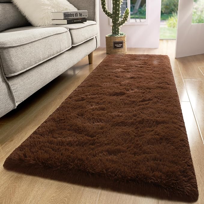 Macgace Fluffy Runner Rug, 2x6 Brown Washable Hallway Area Rugs for Bedroom Living Room Kitchen Laundry, Long Shag Rug with Non Slip Rubber Backing Fuzzy Entryway Carpet Modern Home Decor
