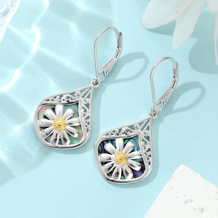 Sterling Silver Abalone Shell Filigree Dangle Drop Earrings Bohemia Jewelry Gift for Women Mother Mom