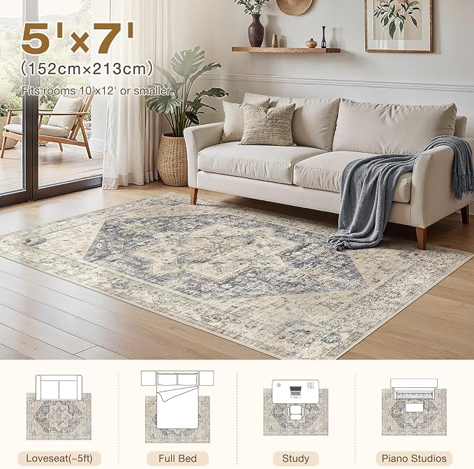5x7 Area Rugs for Living Room - Large Carpet Ultra Thin Soft Washable Oriental Vintage Floral Distressed Big Indoor Carpets for Bedroom Nursery Dorm Home Decor Aesthetic - Blue Beige