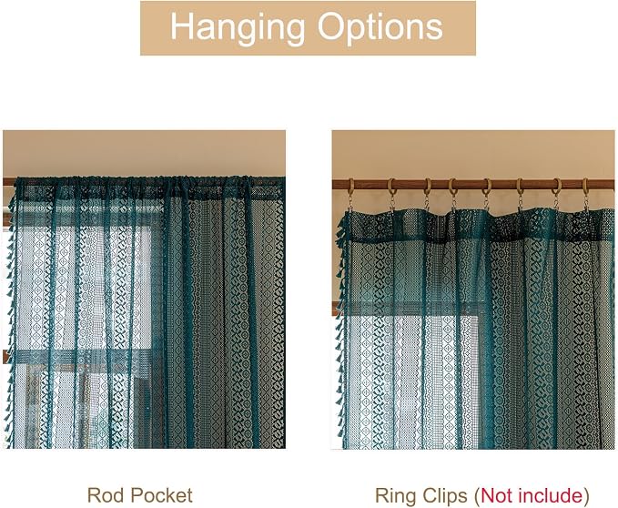 Sutuo Home Boho Curtains 2 Panels for Kitchen Nursery,Turquoise Lace Curtains Semi Sheer Crochet Vintage Hollow Country Tassels Bohemian Drape Privacy Window Treatments Rod Pocket, 50" x 63" Teal
