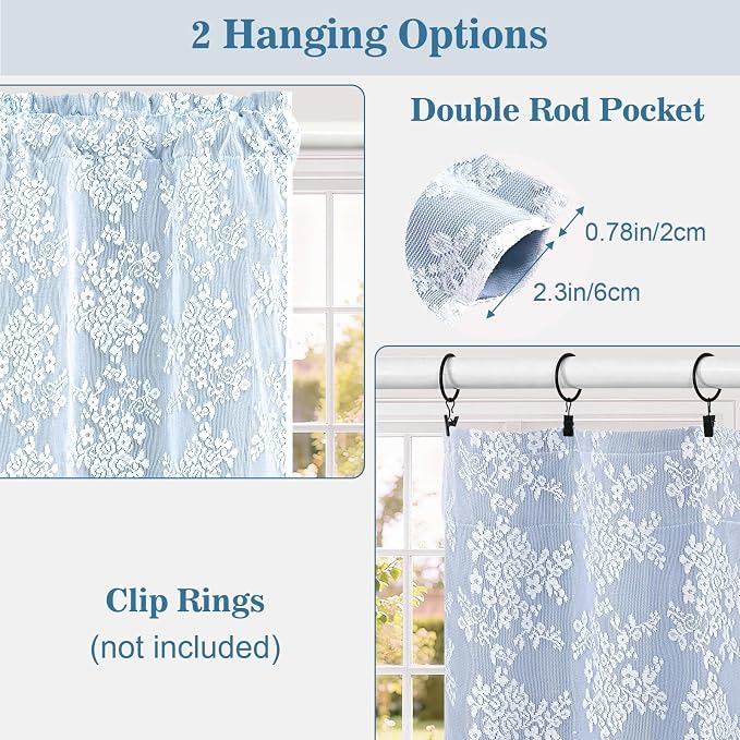 Yinhua Blue Kitchen Curtains 36 Inch Length Double Layer Blackout Cafe Curtains with Floral Sheer Overlay Rod Pocket Short Curtain for Windows, Small Window Curtain for Bathroom, Living Room, 2 Panels