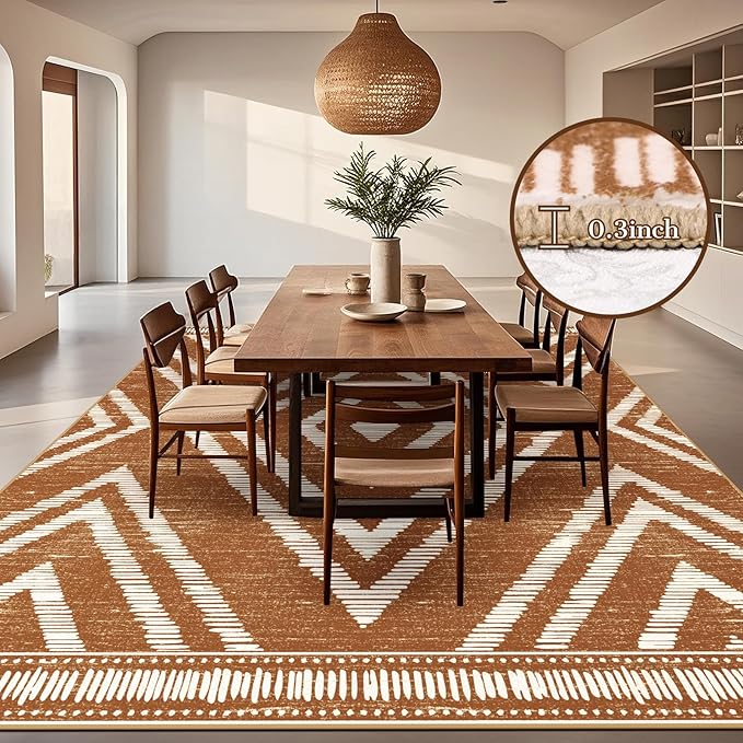 Boho Washable Area Rugs 9x12ft for Living Room, Large Soft Bedroom Rug Non Slip, Low Pile Brown Moroccan Floor Carpets for Dining Room Nursery Playroom Home Office